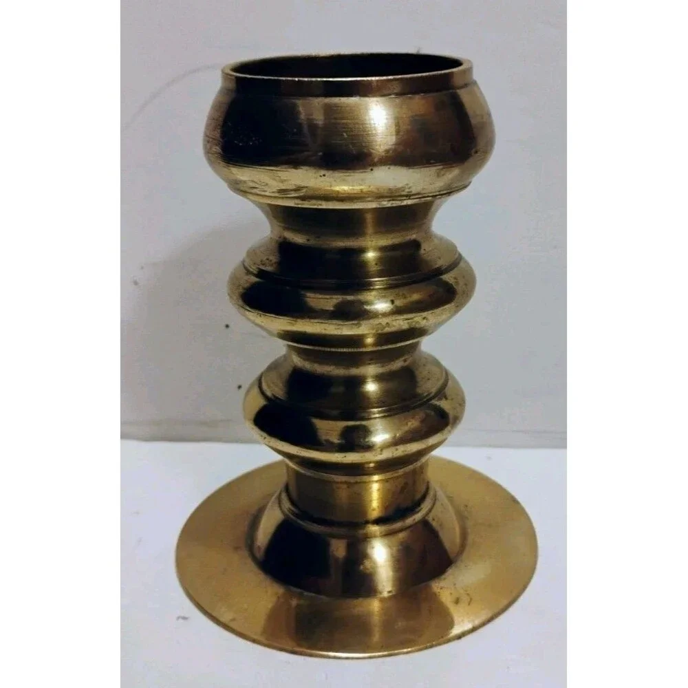 Vtg Heavy Solid Brass Ribbed Column Candlestick Holder Low Profile Flare Base 5